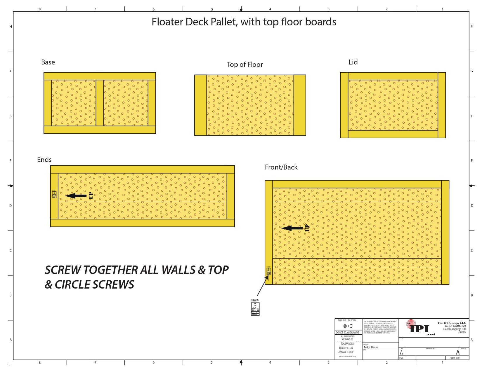Diagram of a floating dock pallet with top floorboards, showing views, and screw assembly instructions.