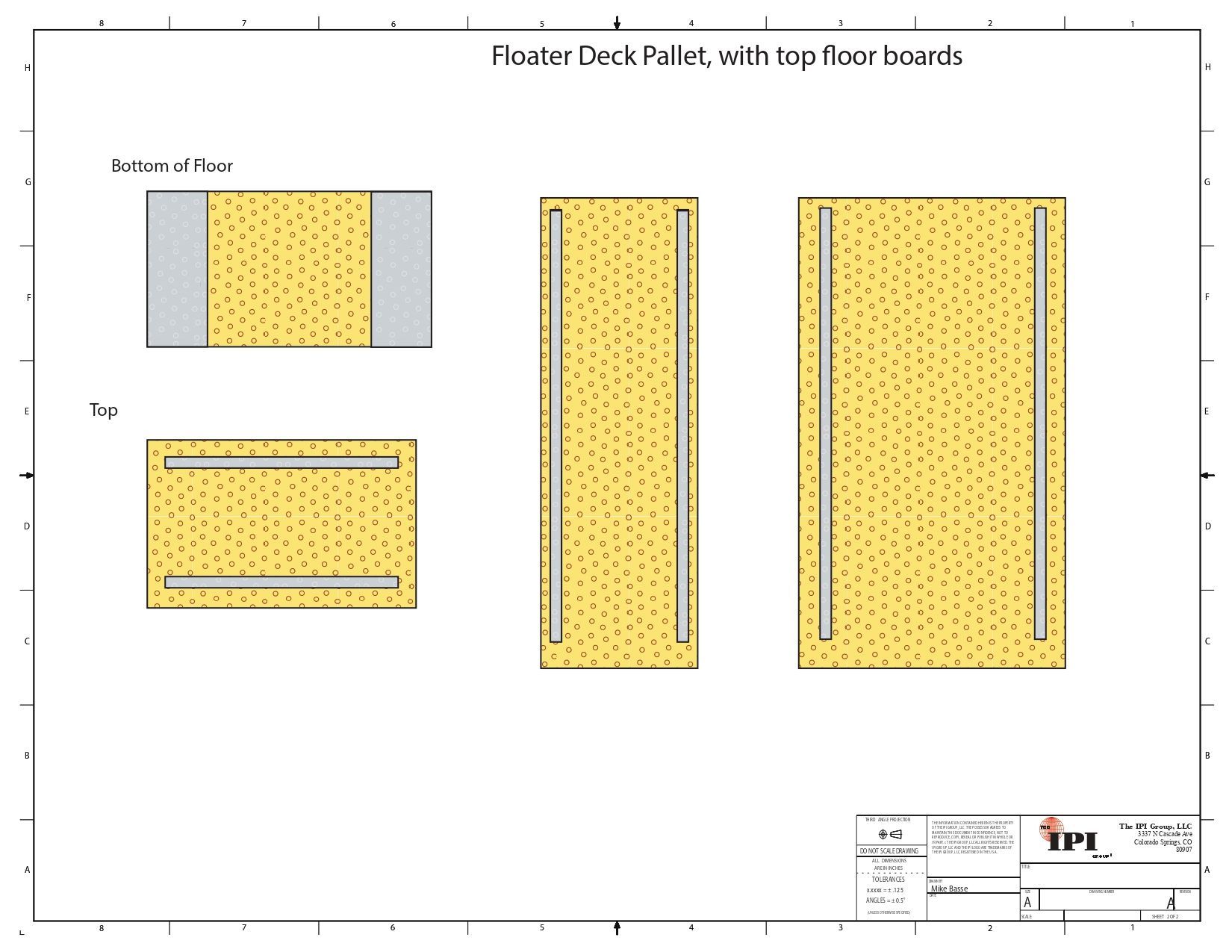 Diagram of a planter deck pallet with top floor lock ribs, showing top and side views in yellow and gray.