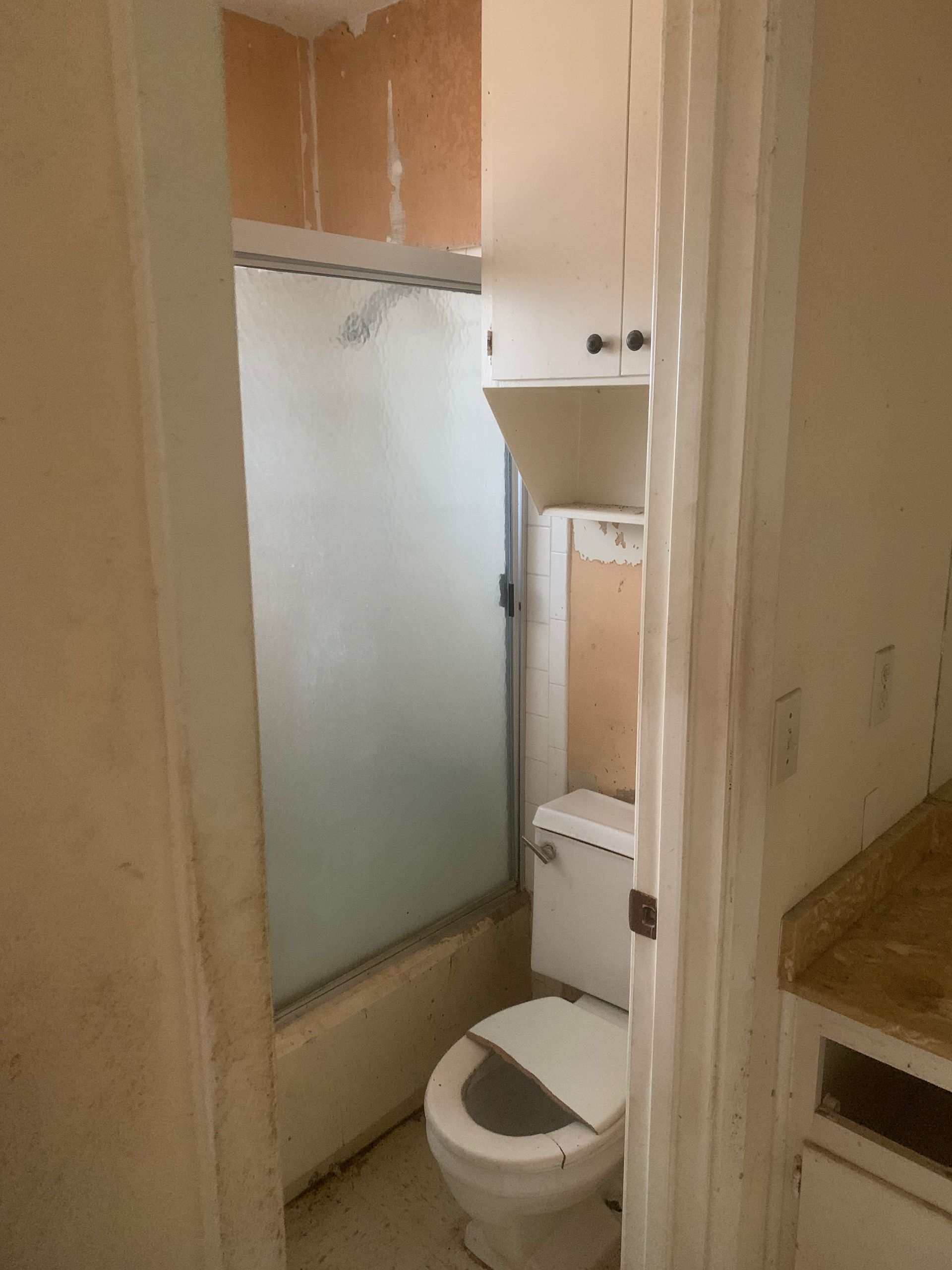 A bathroom with a toilet and a shower stall.