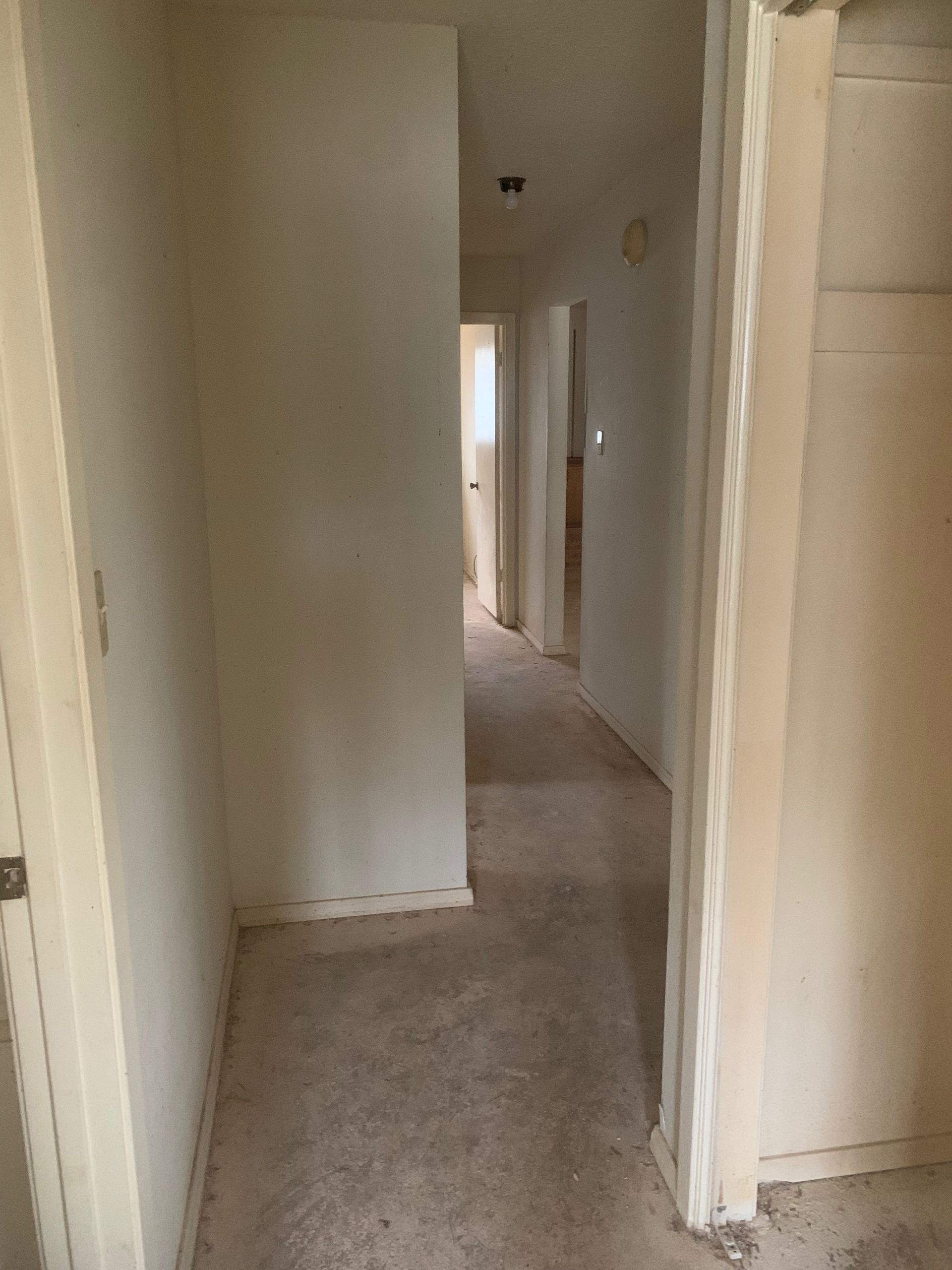 A hallway in a house with a carpeted floor and white walls.