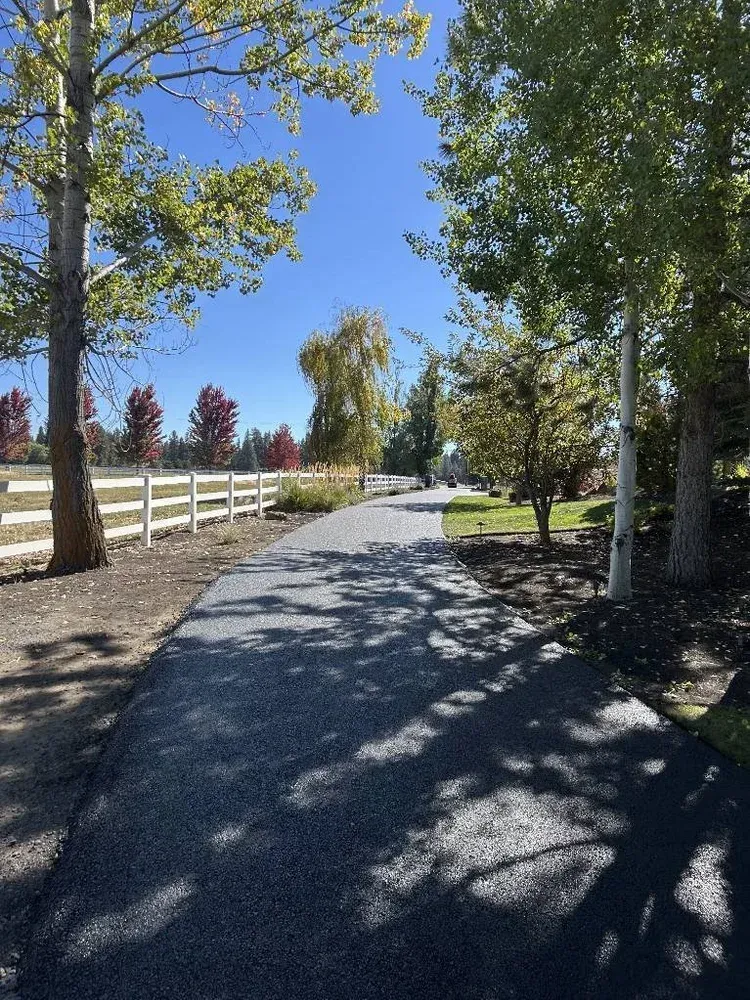 Shaded gravel path beside a white fence and trees under a bright blue sky