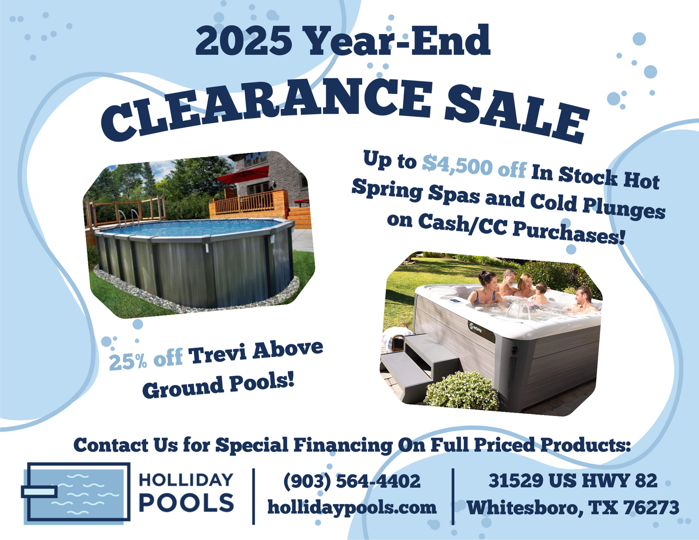 A poster for a clearance sale with blue and white background