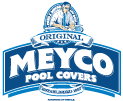 The logo for meyco pool covers is blue and white.