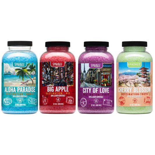 A set of four bottles of bath salts in different flavors.