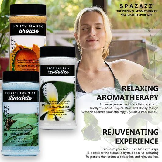 A woman is sitting in a bathtub surrounded by bottles of spazz relaxing aromatherapy products