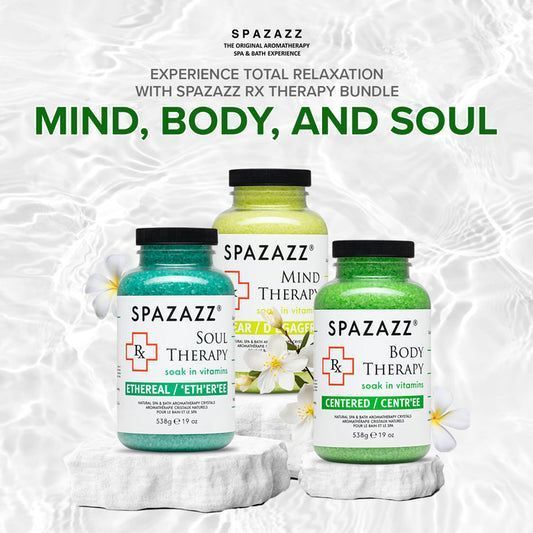 Three bottles of spazz rx therapy bundle on a white background.