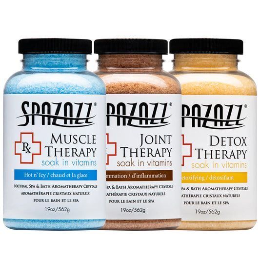 Three jars of spazz muscle therapy , detox therapy , and joint therapy soak in vitamins.