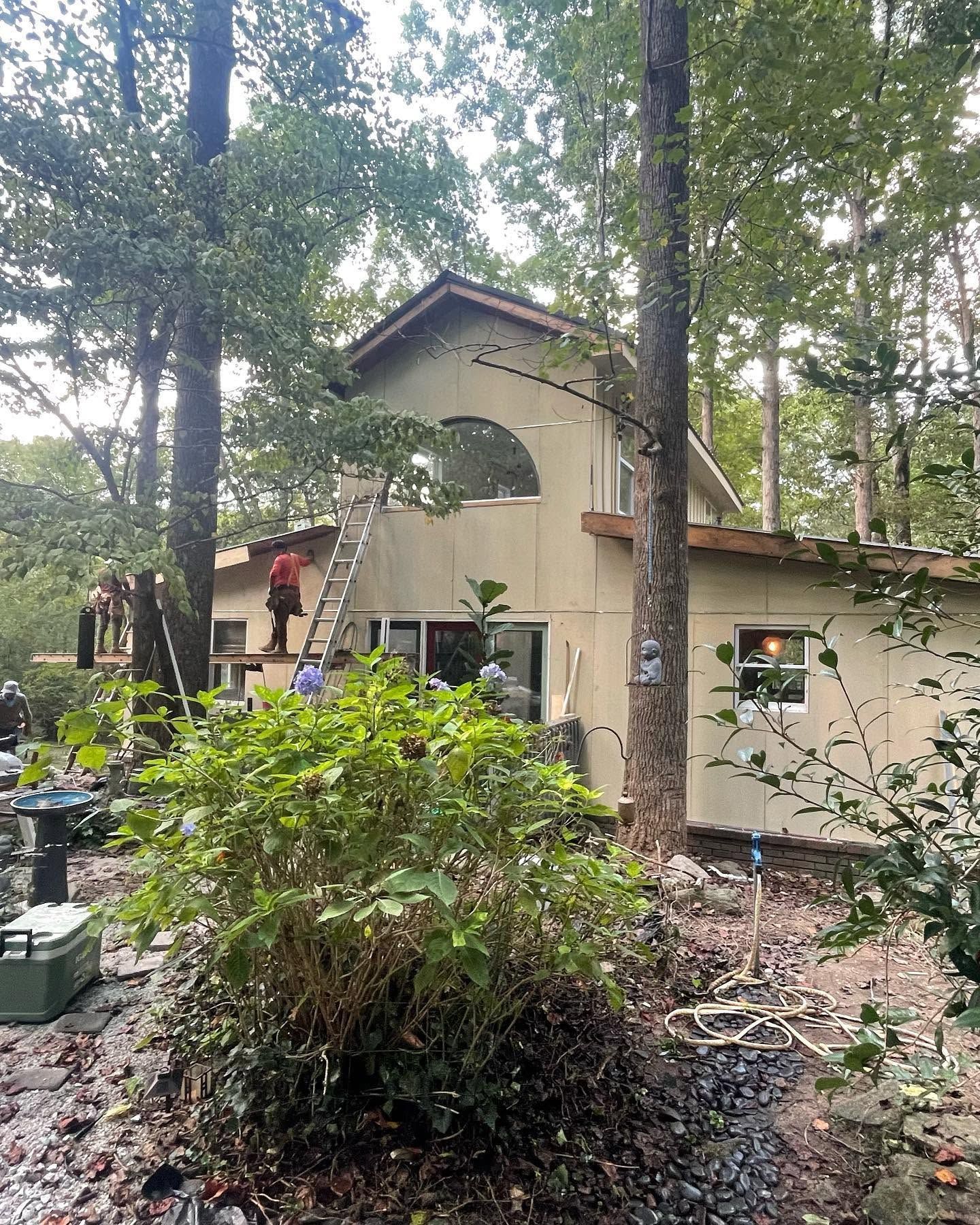 Two-story beige house surrounded by tall trees and dense shrubs in a wooded yard