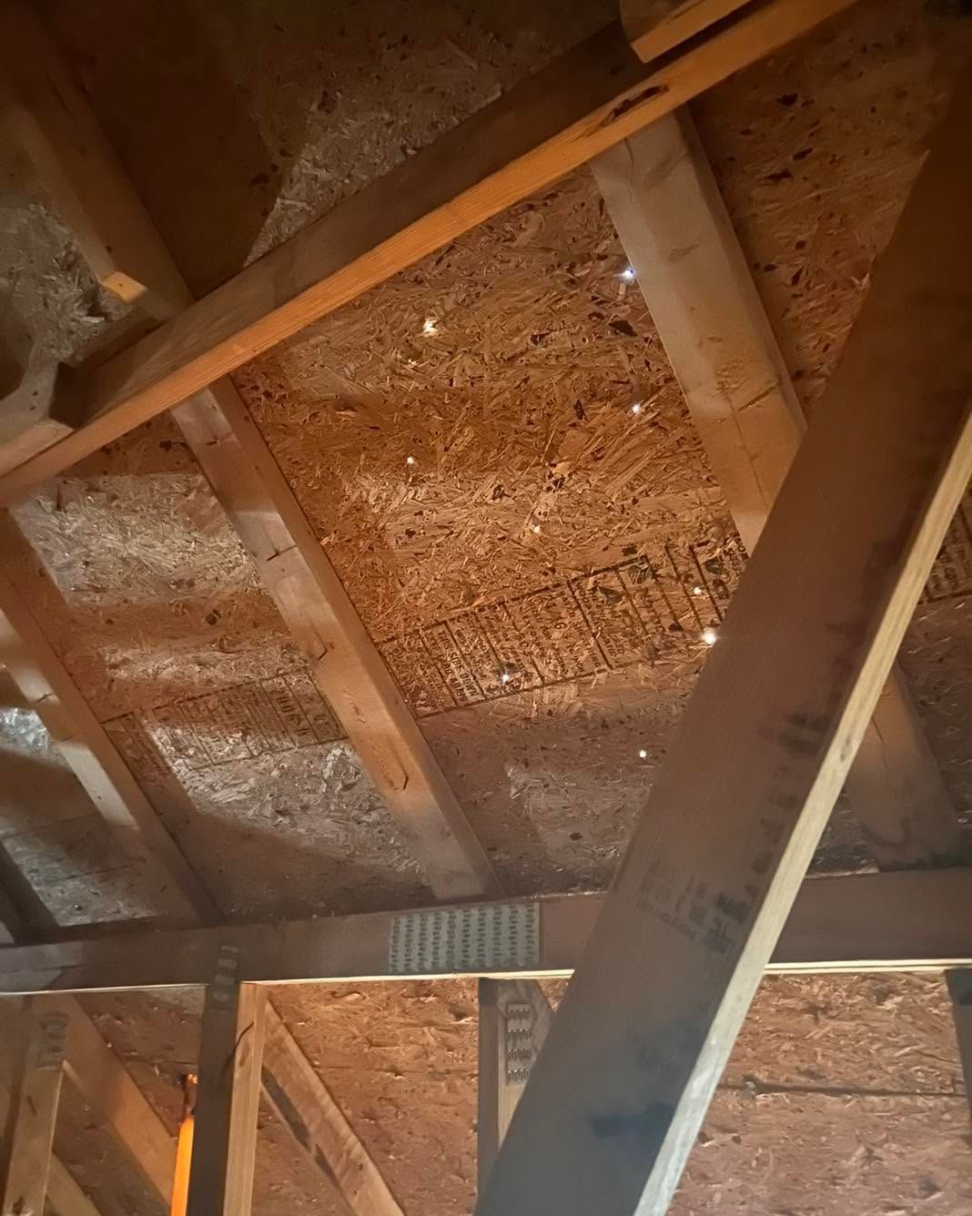 Interior attic framing with exposed wooden beams and plywood roof sheathing.