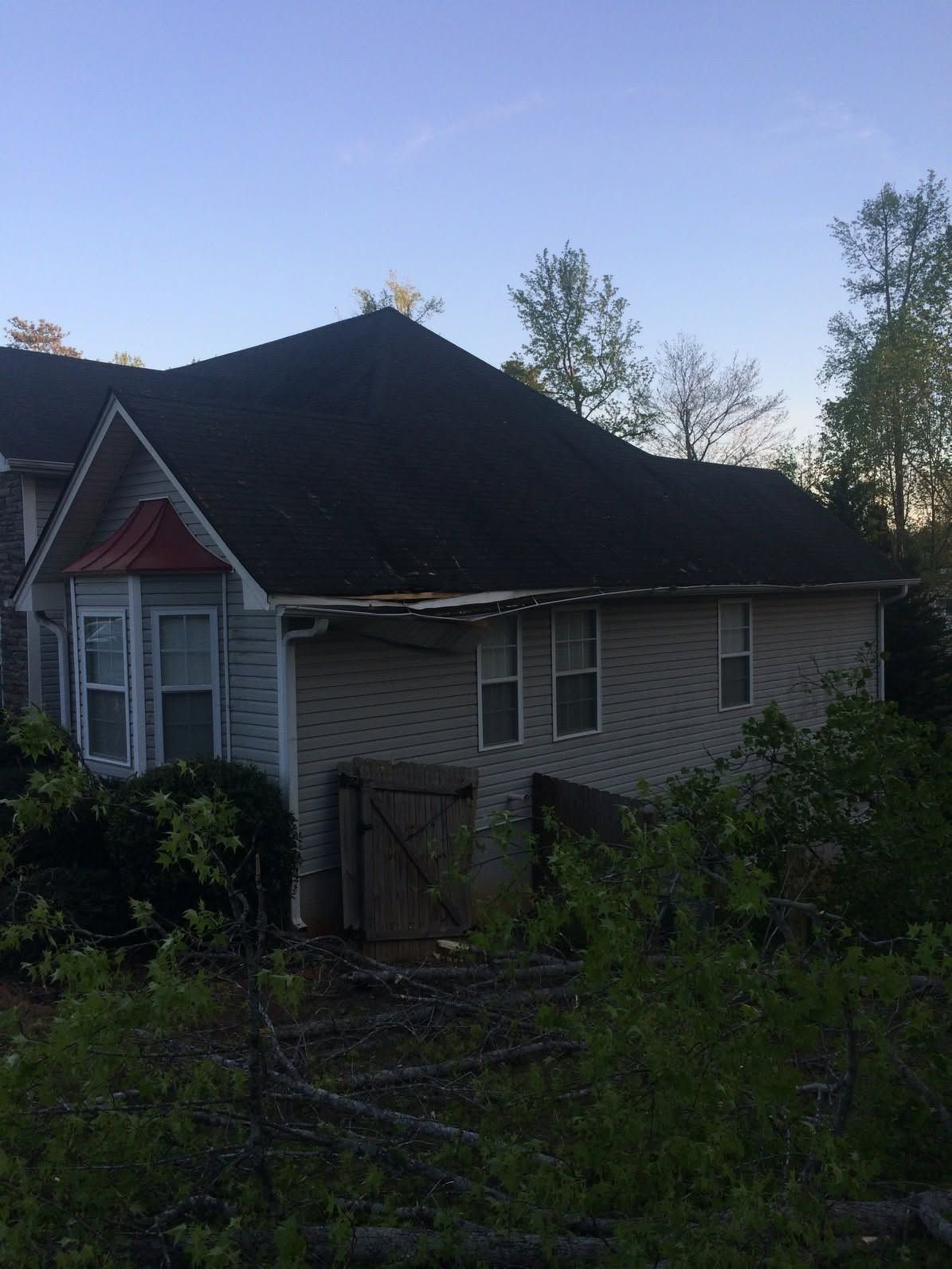 Small house with a dark roof and white siding, partly hidden by overgrown bushes at dusk.