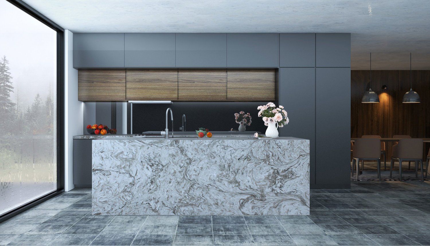 A modern kitchen with a large island and a large window.