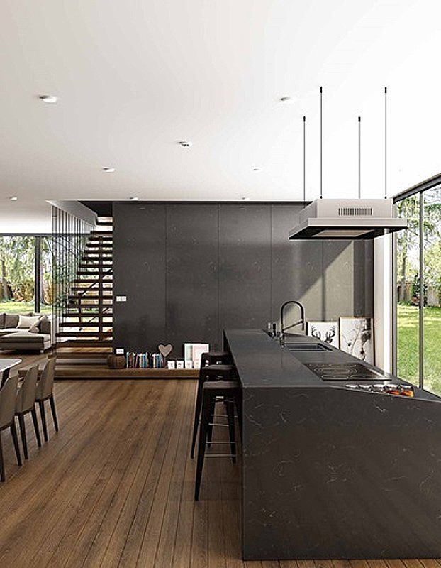 An artist 's impression of a modern kitchen with a large island