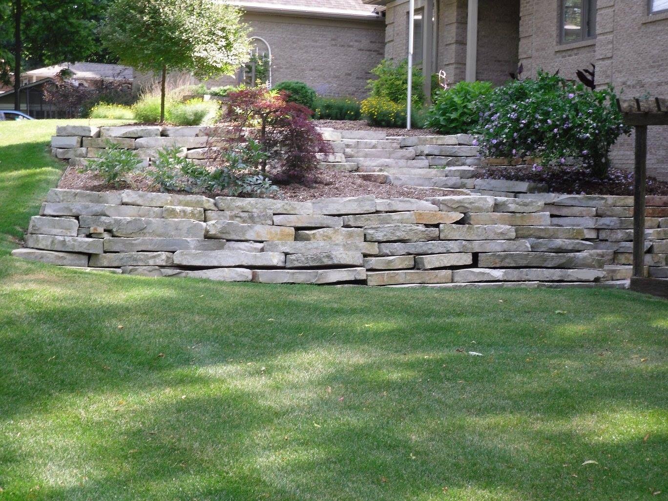 Stone retaining wall with greenery in front of a house. The lawn is green, and the sky is overcast.