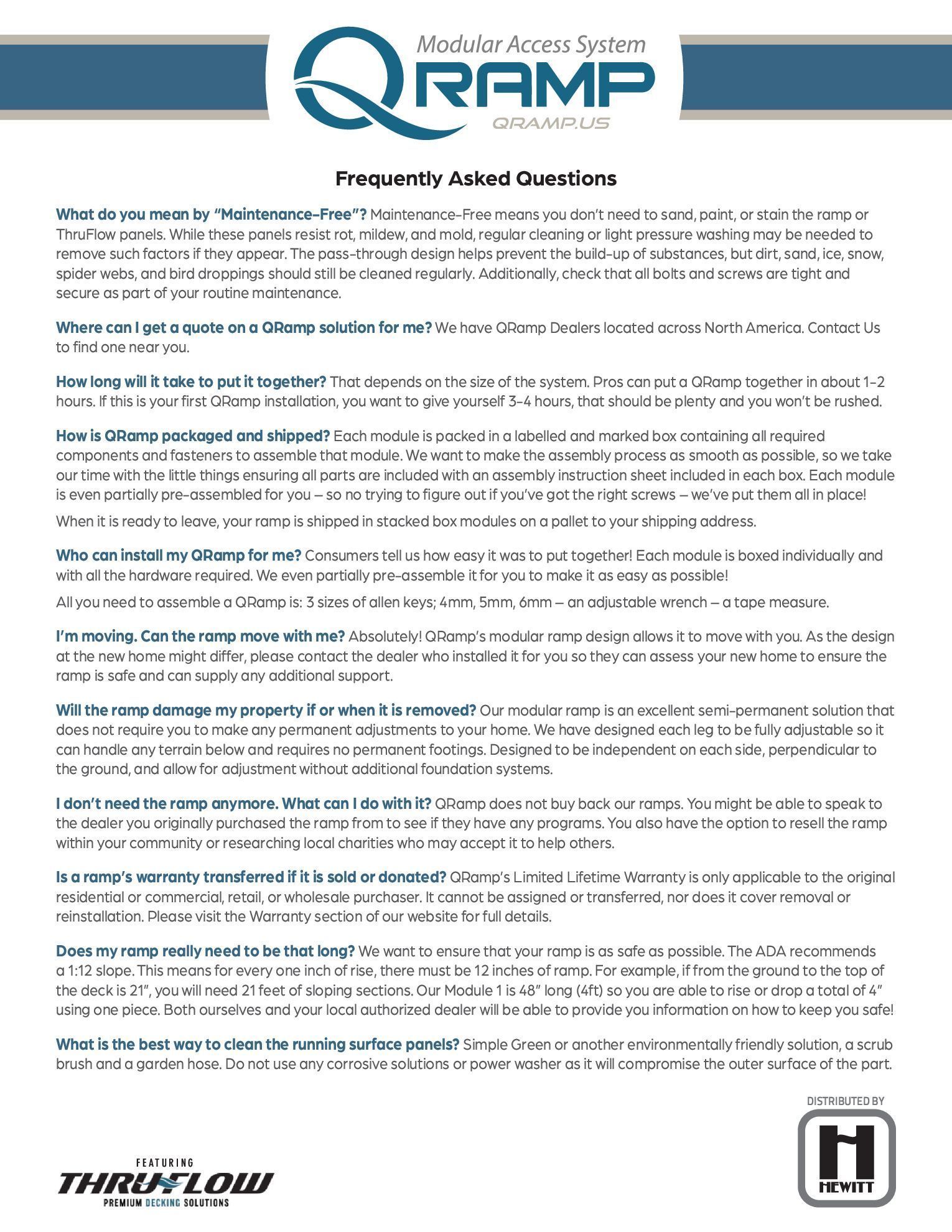 Q Ramp accessibility system FAQ sheet with logo and company contact info.