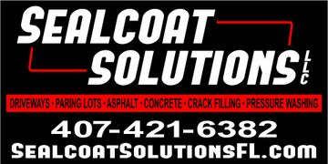 Sealcoat Solutions LLC logo with services, phone number 407-421-6382, and website sealcoatsolutionsfl.com