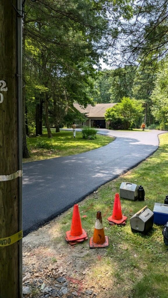 A row of orange traffic cones are sitting on the grass next to a road.