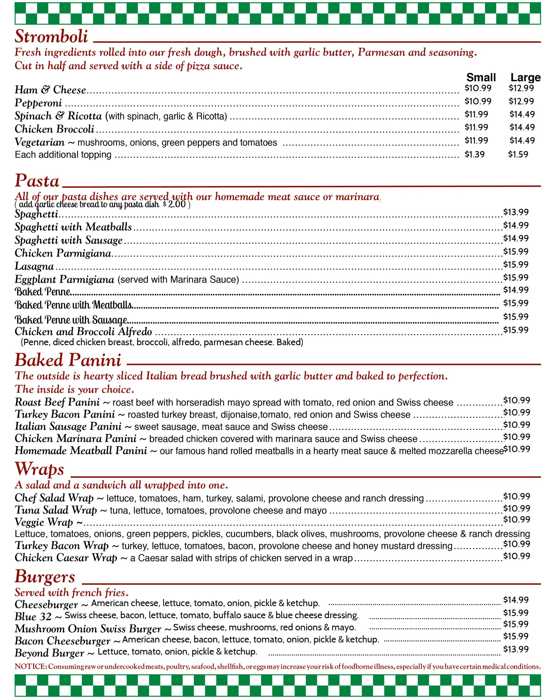 Hoagie's pizza and pasta menu page 2