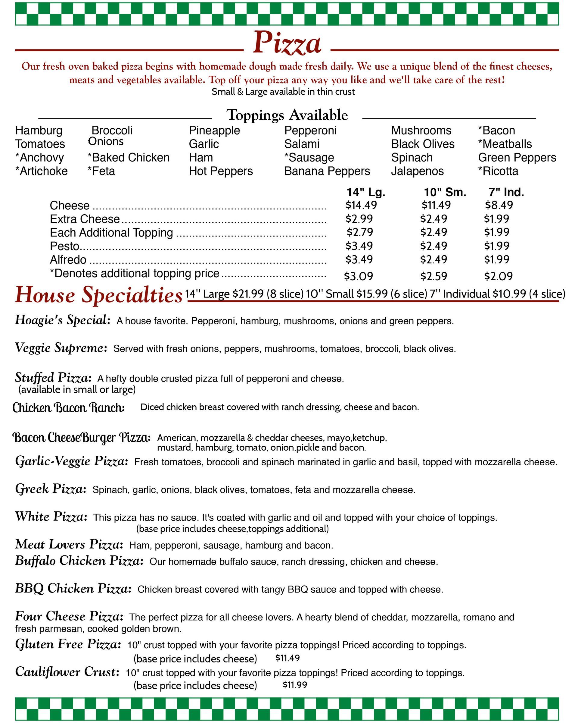 Hoagie's pizza and pasta menu page 3