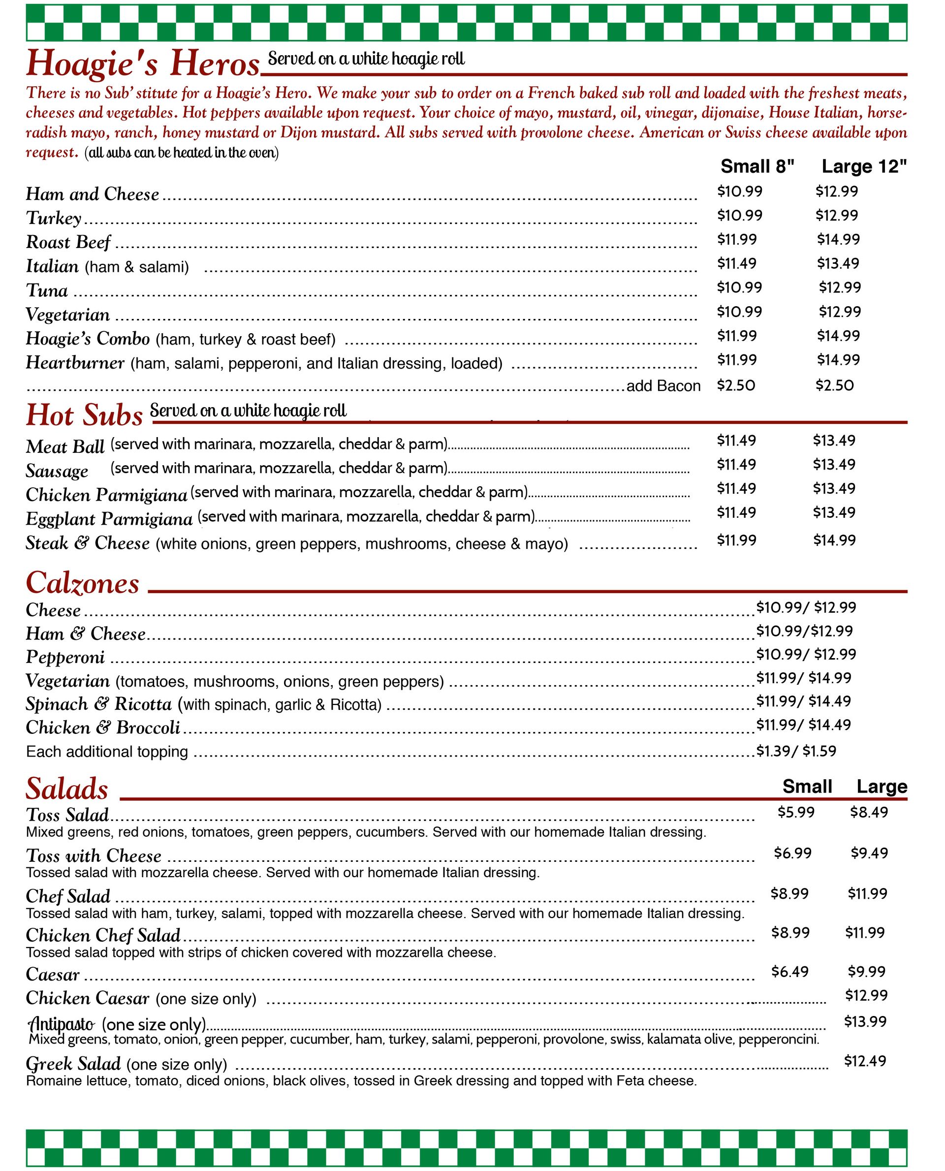 Hoagie's pizza and pasta menu page 4