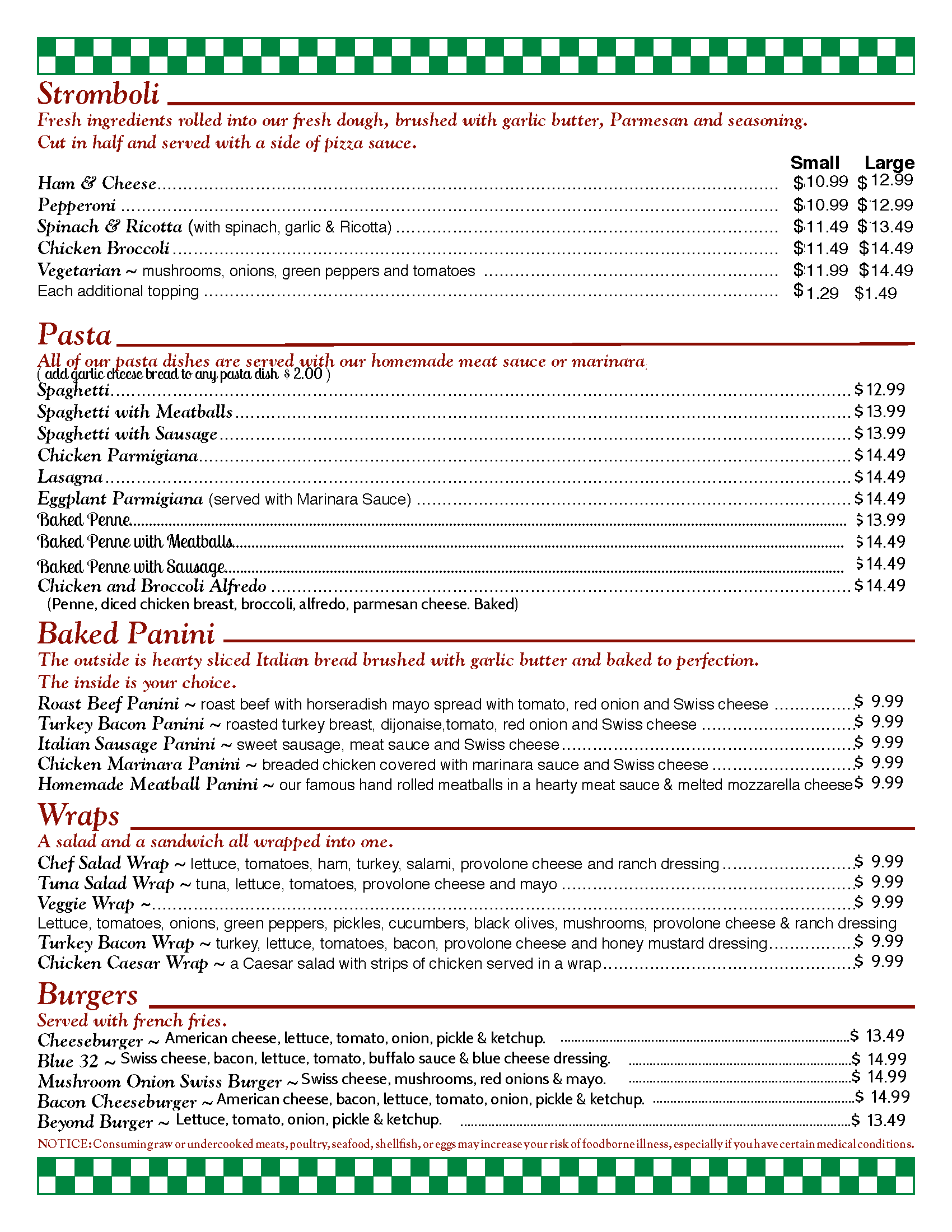 Hoagie's pizza and pasta menu page 2