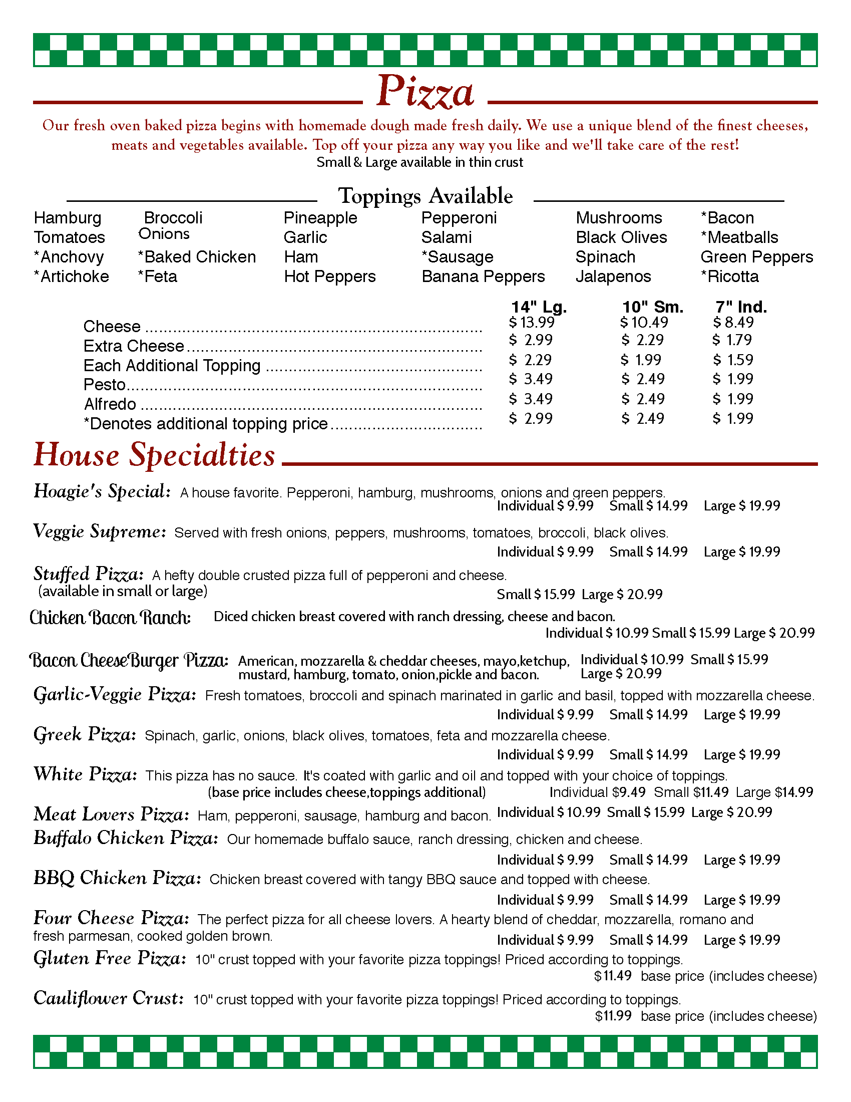 Hoagie's pizza and pasta menu page 3