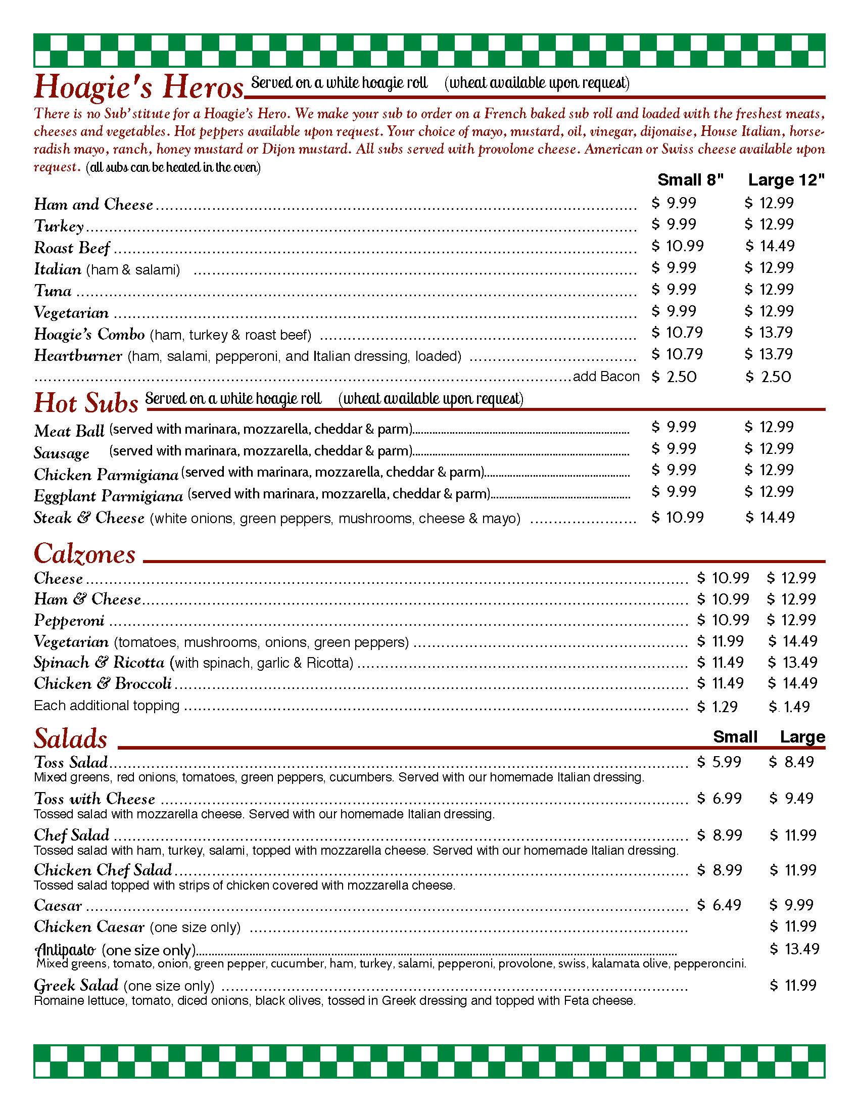 Hoagie's pizza and pasta menu page 4