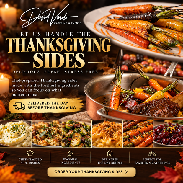 Thanksgiving sides promo with roasted vegetables, mashed potatoes, and text about preordering delivery before Thanksgiving