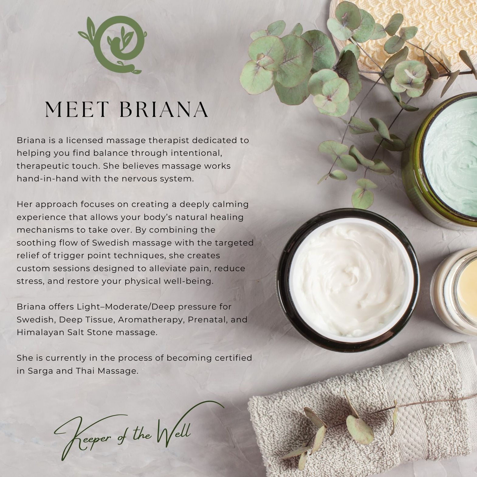 Text that reads Meet Kylie, LMT on a background, with a spa-like theme.