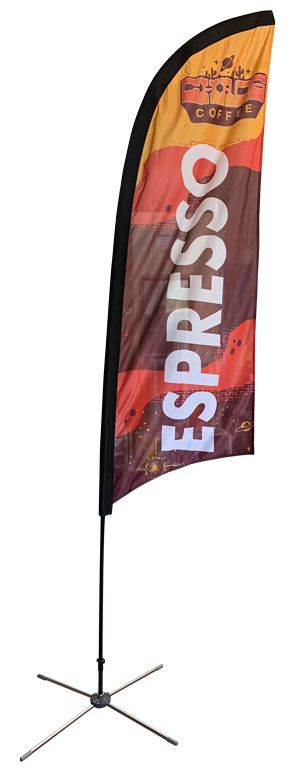 A feather flag with the word espresso on it.