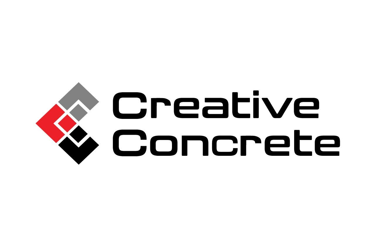 The logo for creative concrete is black and red with a square in the middle.
