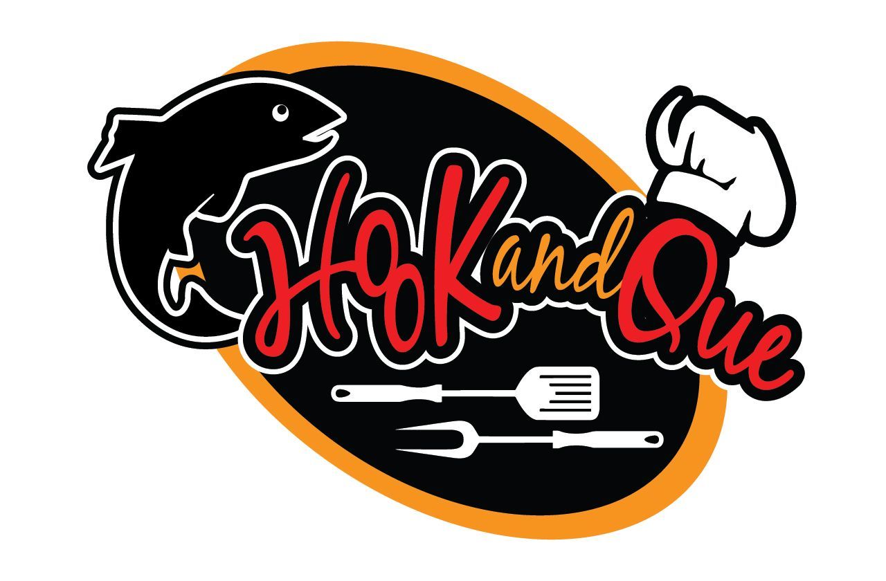 A logo for a restaurant called hook and que