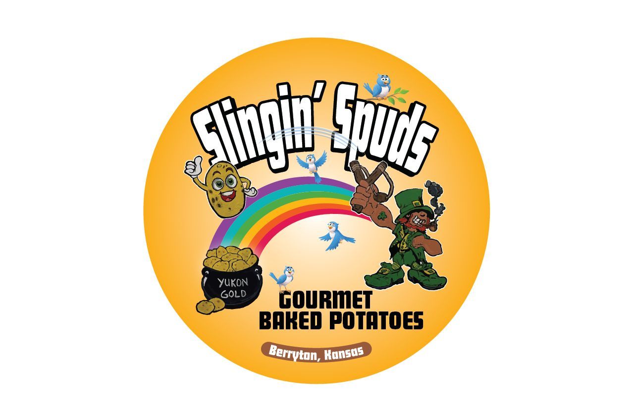 A logo for singin ' spuds gourmet baked potatoes