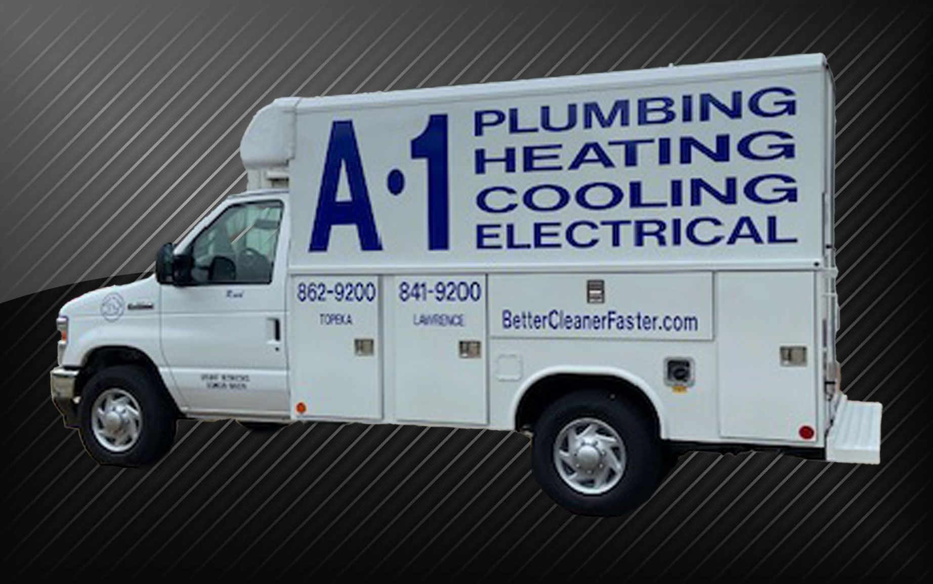 A white plumbing heating cooling and electrical truck