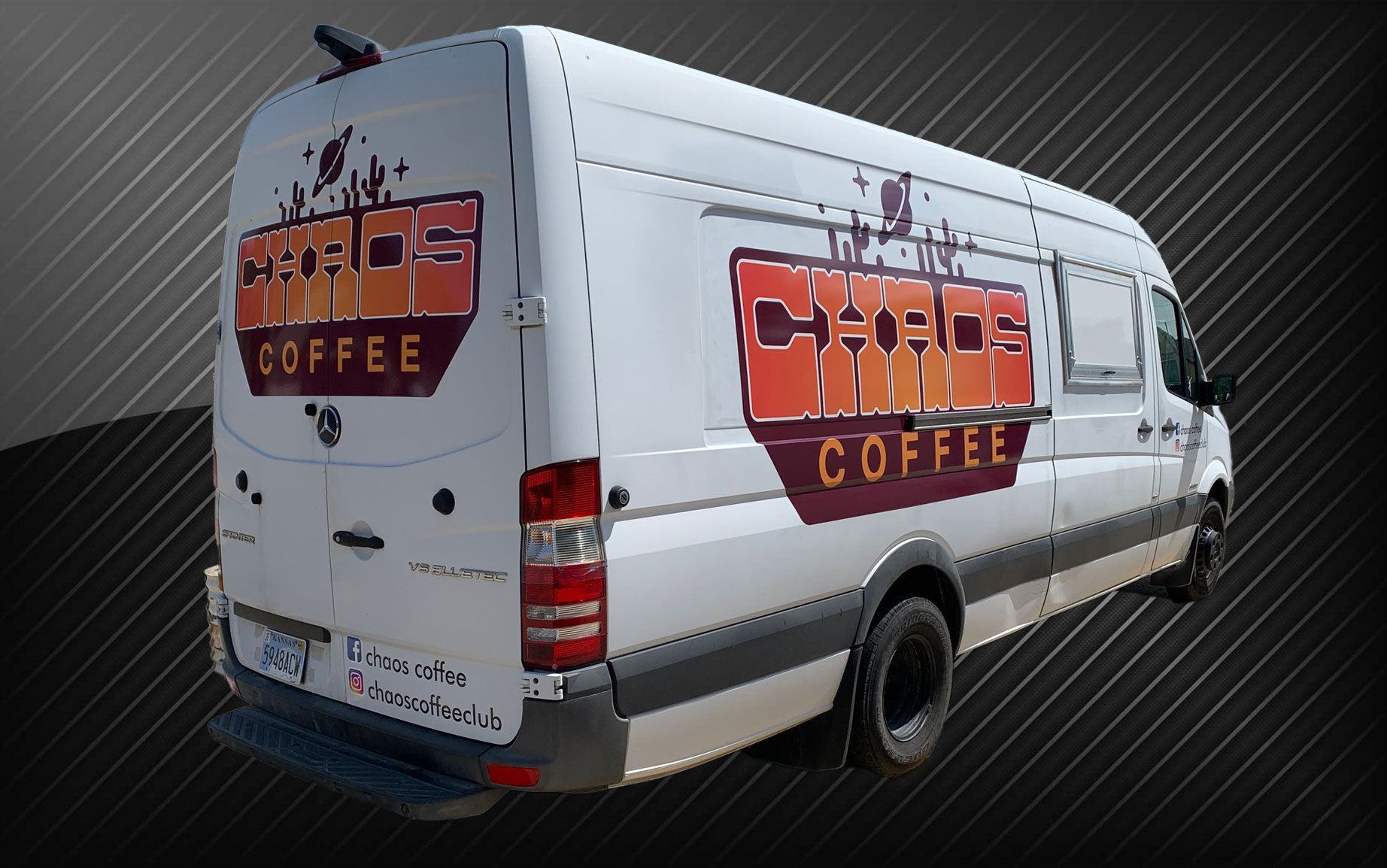 A white van with the word coffee on it