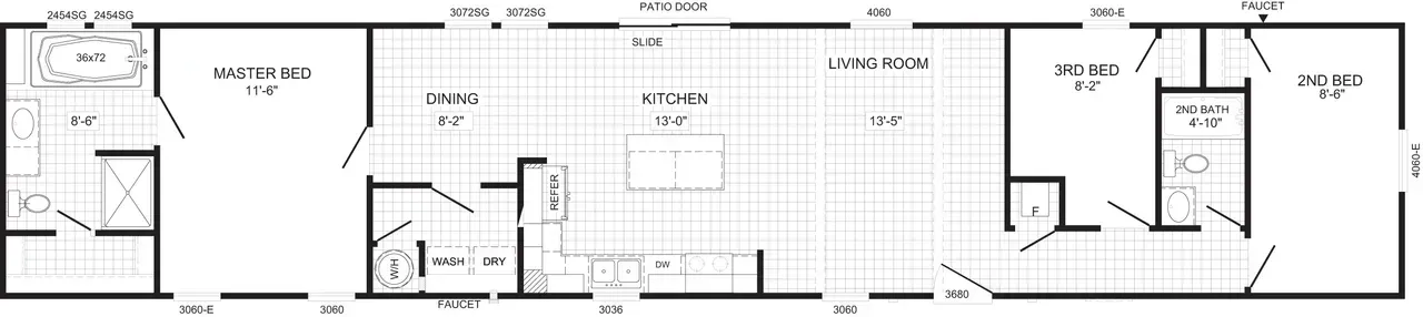Floor plan of a house with a living room, kitchen, two bedrooms, and two bathrooms.