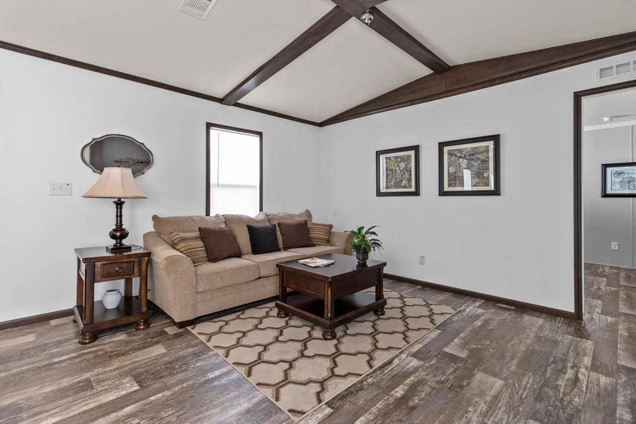 Living room with beige sofa, patterned rug, and dark wood accents. Brown couch pillows and decor.