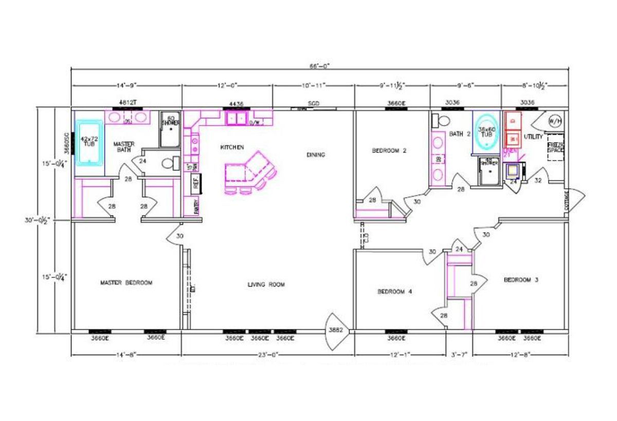 A floor plan of a house with a lot of rooms and measurements.