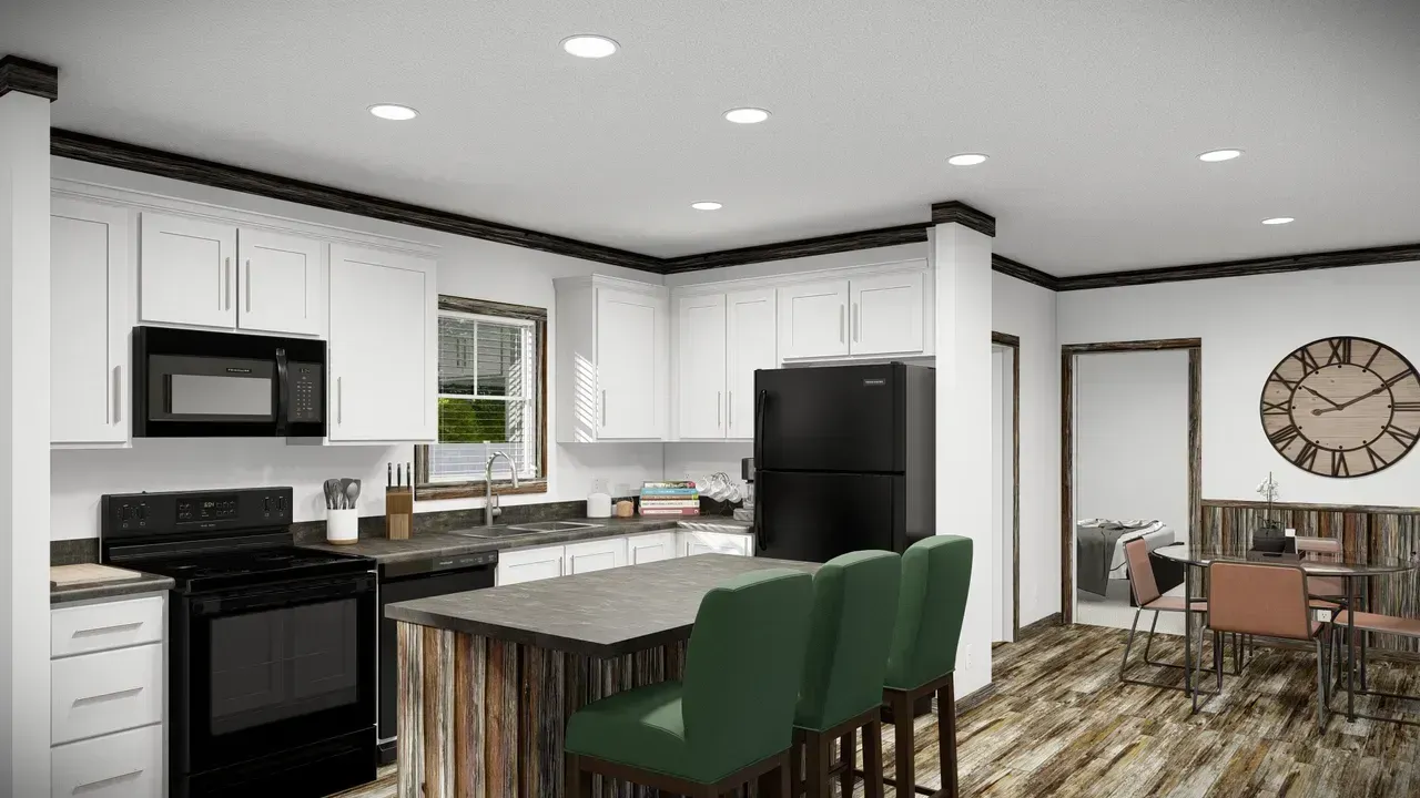 Kitchen with white cabinets, black appliances, and an island with green bar stools. A dining area is visible in the background.