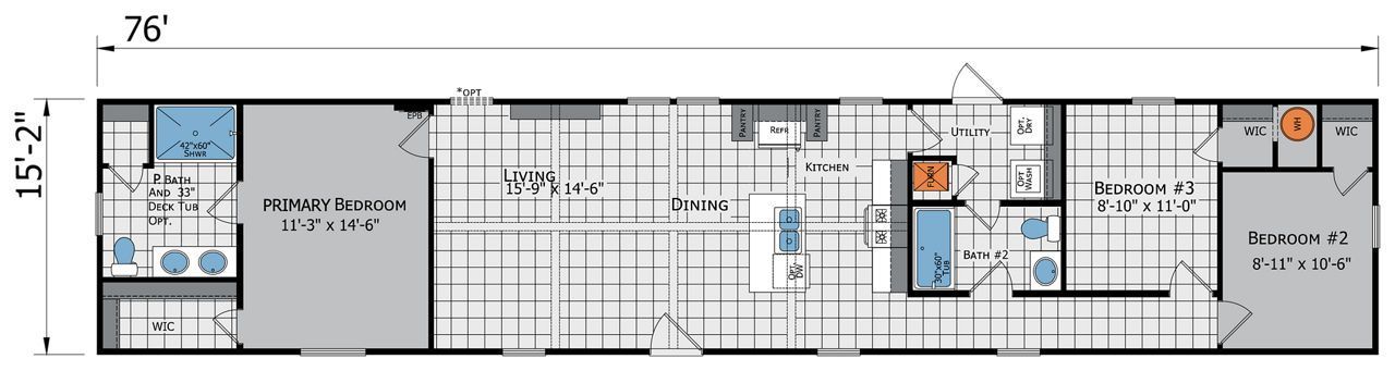Floor plan of a manufactured home, with rooms labeled including living room, kitchen, bedrooms, and bathrooms.