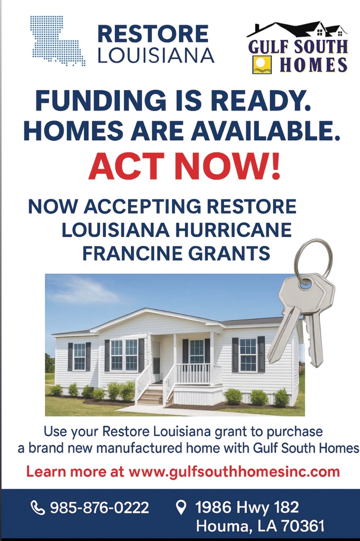 Advertisement for Gulf South Homes, offering new manufactured homes using Restore Louisiana hurricane grants.
