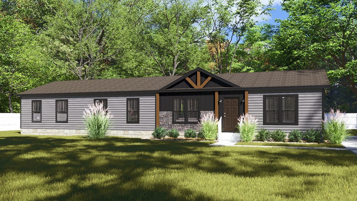 An artist's impression of a mobile home with a porch surrounded by trees.