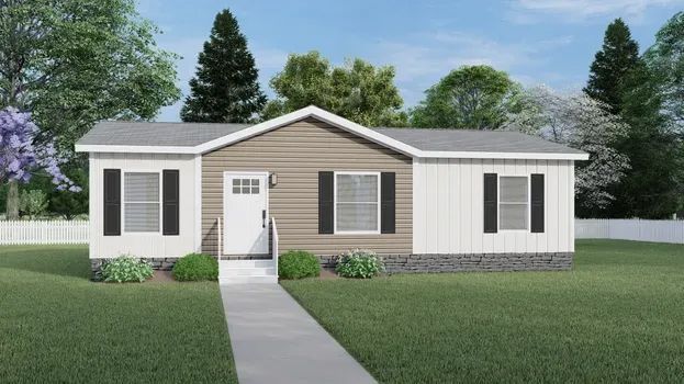Ranch-style house with gray roof, white siding, brown accents, black shutters, and a concrete walkway.