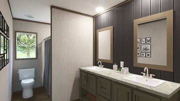 Bathroom with double vanity, dark wood accent wall, toilet, and shower.