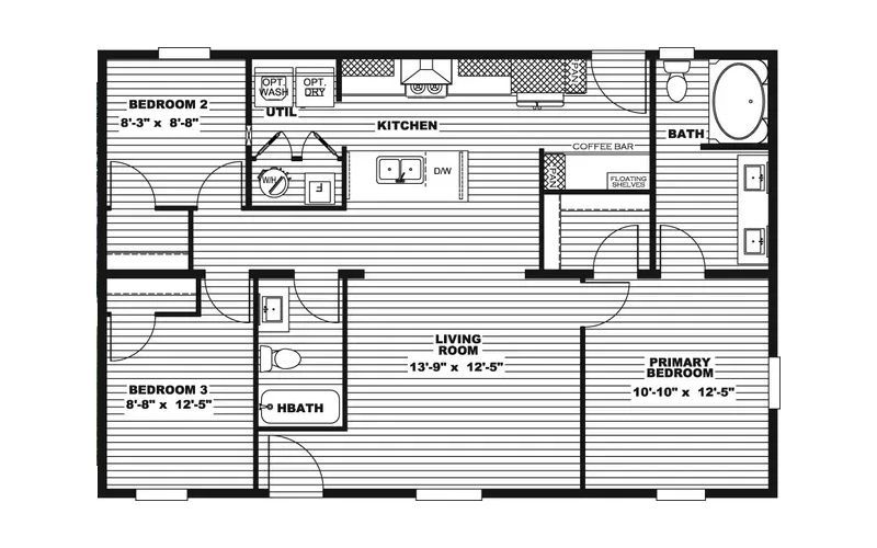 Floor plan of a house with living room, kitchen, three bedrooms, and two bathrooms.