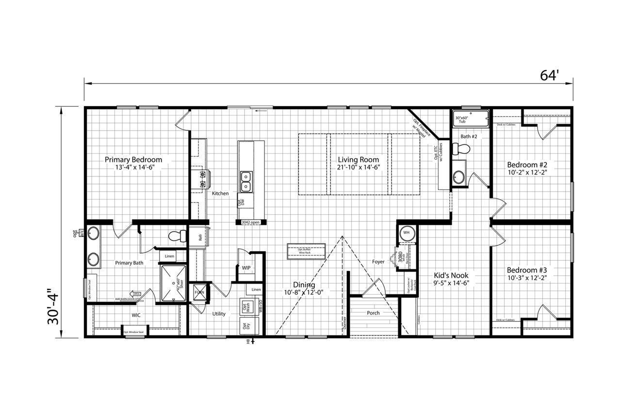 Floor plan of a rectangular house with kitchen island, bedrooms, bathrooms, and a living room.