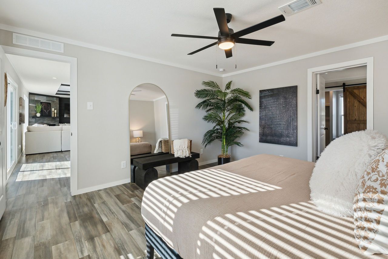 Bedroom with bed, mirror, and plant. Light gray walls, gray flooring, and ceiling fan.
