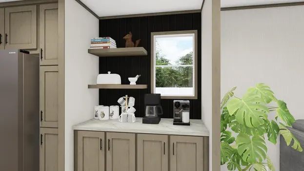 Coffee bar with shelves, cabinets, and appliances; window in the center; neutral colors.