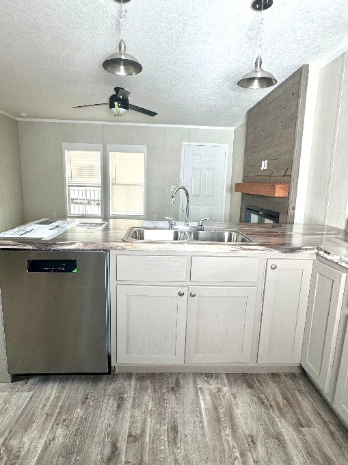 Kitchen with white cabinets, stainless steel dishwasher, and a sink. Two pendant lights hang above.