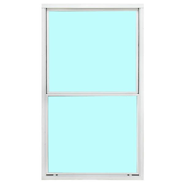 A white double hung window with a blue glass on a white background.