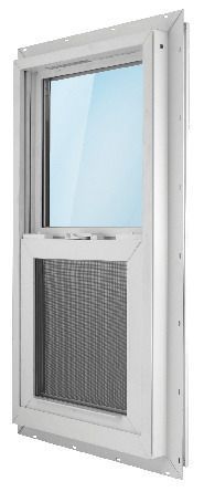 A white window with a screen on the side of it.